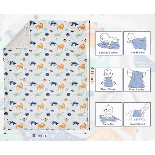 DuShow Dinosaur Baby Blanket for Boys - Ultra Soft Double Layer Minky Blanket with Dotted Backing, Lightweight Receiving Swaddle for Newborns & Toddlers, Nursery, Stroller, Carseat-30x40 Inches