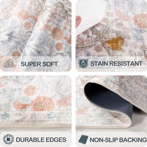 8x10 Beige Blue Washable Area Rug - Soft Botanical Floral Carpet for Living Room