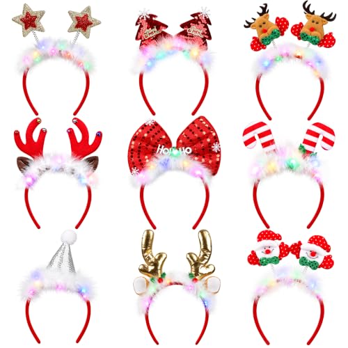 9 Pack Light Up Christmas Headbands with 3 Modes - Assorted Xmas Headwear for Adults & Kids