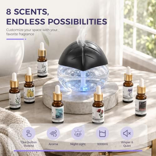 Black Water Based Air Freshener & Aroma Diffuser with 8 Oils, 6 LED Lights
