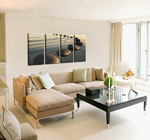 LevvArts - Zen Canvas Wall Art,Basalt Stone on The Sunset Relax Scenery Canvas Pictures for Living Room Decoration,Peaceful Water Multi Panel Wall Art Easy Hanging On - 48" W x 24" H overall