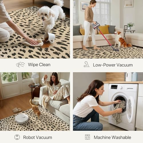 Leopard Print Washable Area Rug 6x9 for Living Room & Bedroom Beige & Brown Variation