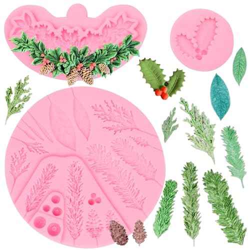 Christmas Holly Leaves Silicone Molds, Winter Leaves Fondant Mold, Christmas Pinecone Chocolate Baking Molds for Cake Decoration Cupcake Topper Candy Sugar Craft Gum Paste Clay Resin