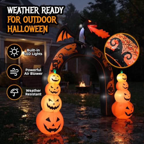 Giant Halloween Inflatable Archway with Dragon & Pumpkins - Outdoor Yard Decor, 10 FT Tall with LED Lights