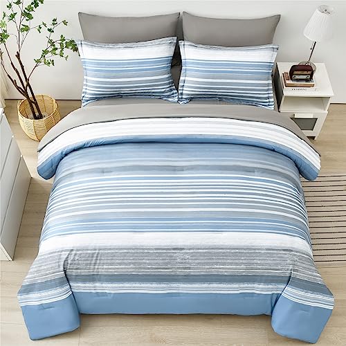 Full Size Striped Comforter Set - 7 Piece Bed in a Bag Light Blue