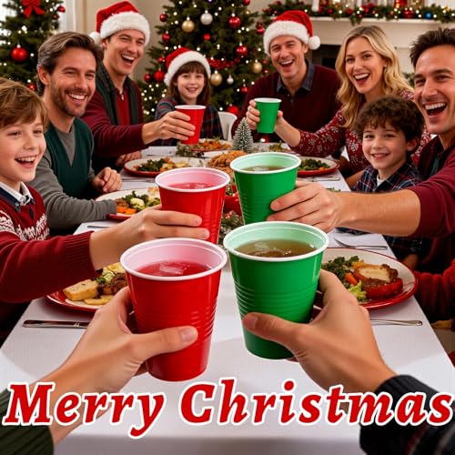 WELLIFE 50 Pack Christmas Red & Green Plastic Party Cups 12 oz - Disposable Water Cups for Holiday Events