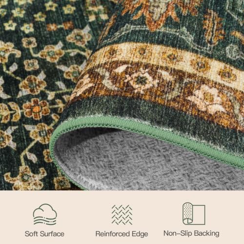 Dark Green 9x12 Washable Area Rug for Living Room Non-Slip Boho Carpet