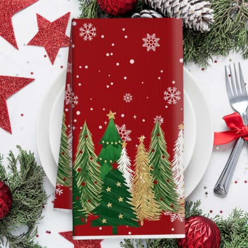 2Pcs Teddy Bear Christmas Kitchen Towels – Plaid & Tree Border Set