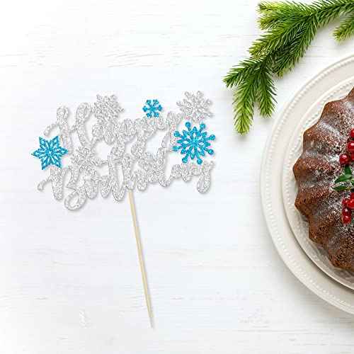 1Pcs Snowflake Happy Birthday Cake Topper Winter Wonderland Frozen Cake Topper Decoration Snowflake Party Supplies Blue
