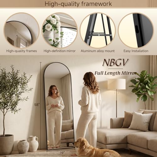 Full Length Floor Mirror with Stand - Arched Modern Design, 58x19 Black - Wall Mount or Standing