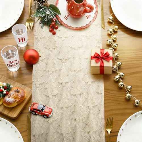 Christmas Table Runner 13x72 Inch, Christmas Trees Table Decorations for Kitchen Dinning, Indoor Outdoor Dinner Party Decor (Beige)