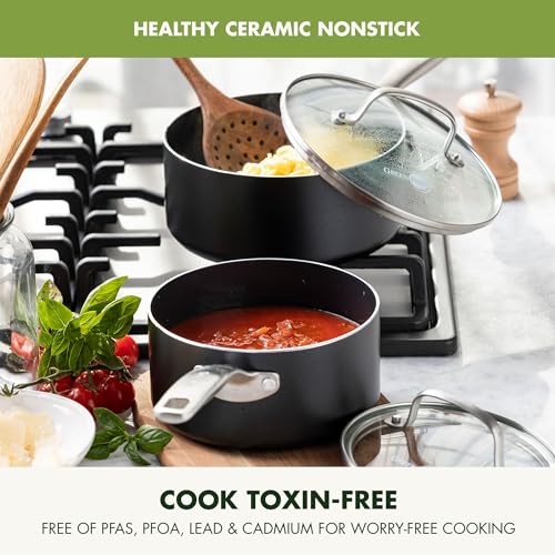 GreenPan Prime Chatham 1QT & 2QT Nonstick Saucepan Set with Glass Lids, Hard Anodized, PFAS-Free, Dishwasher Safe, Oven Safe, Black