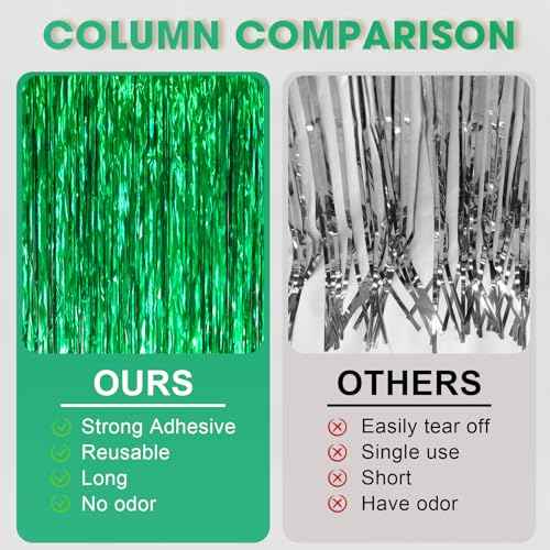 3 Pack 3.3 x 6.6 ft Green Foil Fringe Backdrop Curtains, Tinsel Streamers Party Decorations, Fringe Backdrop for Birthday, Dinosaur, St Patrick's Day, Soccer, Christmas