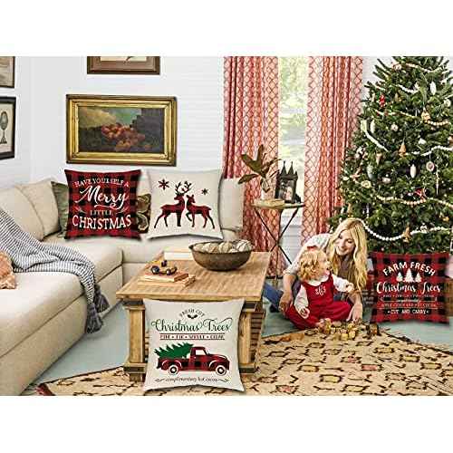 Ueerdand Christmas Decorations Pillow Covers 18¡¿18 Set of 4 Black and Red Xmas Farmhouse Buffalo Plaid Truck Throw Pillow Case for Holiday Home Sofa Couch
