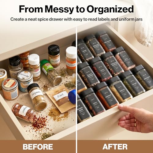 Glass Square Spice Jars with 3-Way Rotating Lids & Labels - 36 Pack, Black