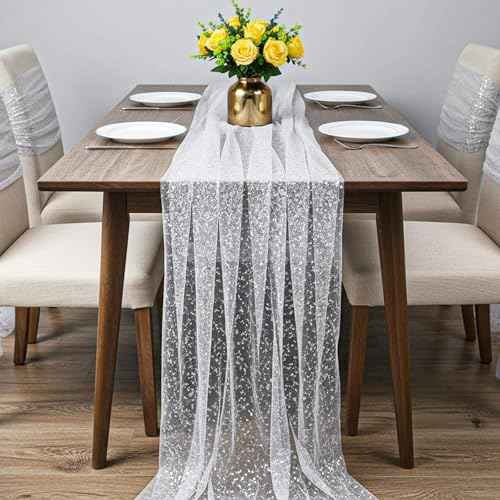 TIESOME 10 Ft Silver Table Runner, Sheer Chiffon Tulle Cheesecloth Silver Sequin Glitter Metallic Foil Party Table Decorations Centerpiece for Wedding Birthday Christmas Bridal