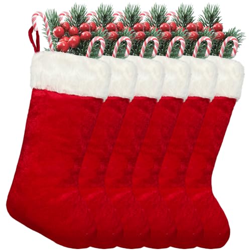 LinaGarten 6-Pack 20" Red Plush Christmas Stockings with Fur Cuff – Traditional Large Holiday Decorations