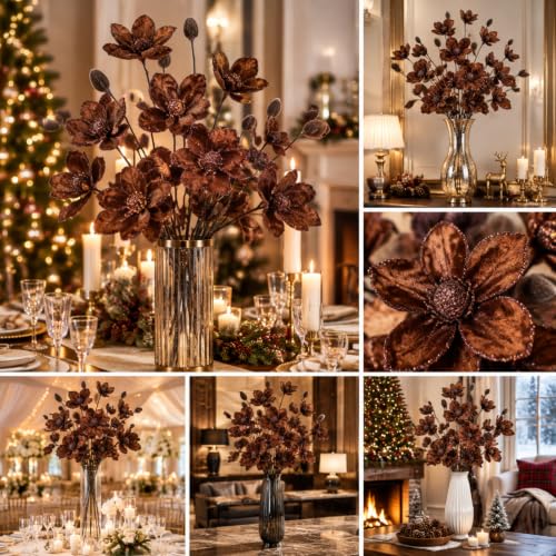 Brown Christmas Velvet Magnolia Flowers Picks 33 Inch Set of 3