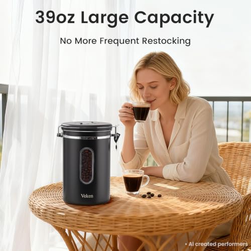 Veken Coffee Canister with Window - 39 oz Large Airtight Stainless Steel Jar - Black