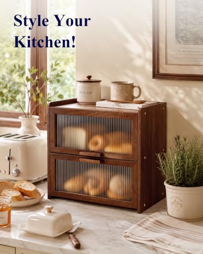 Kitsure Wooden Bread Box with Double Layers, Large 14.4 x 9.5 x 13.4 in, Brown Kitchen Storage