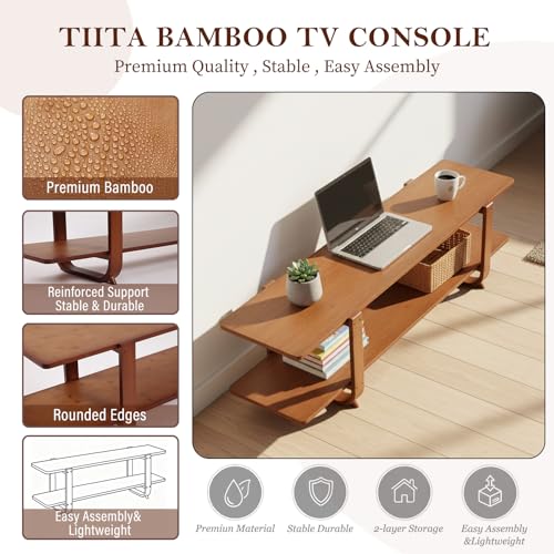 Walnut TV Stand for 55-Inch TVs - Modern Media Console with Open Shelves