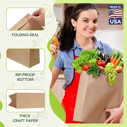 MESHA Paper Grocery Bags 12x7x17 Inches Bulk 100 Pack - Heavy Duty Kraft Bags with Variation 12"x7"x17"