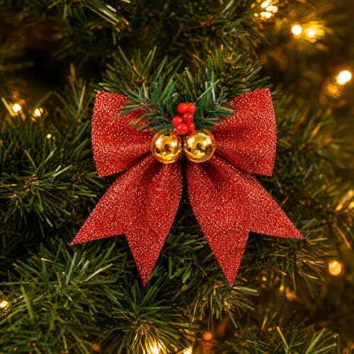 Christmas Glitter Bows with Jingle Bells & Pine Needles - Set of 6 Red Holiday Decorations