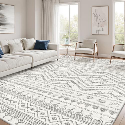 8x10 Grey Washable Non-Slip Area Rug with Moroccan Pattern - Living Room