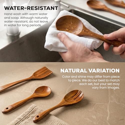 9-Piece Teak Wood Cooking Utensil Set - Non-Toxic & Non-Stick Safe Kitchen Tool Kit with Comfortable Grip - Standard Variation