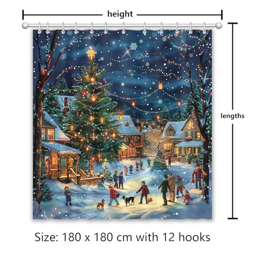 Christmas Shower Curtain Set with Hooks - 72x72in Waterproof Fabric Holiday Tree Farmhouse