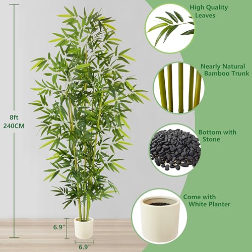 Artificial Bamboo Tree 8ft with White Planter - Realistic Fake Plant for Indoor & Outdoor Decor - Variation: Bamboo / 8ft
