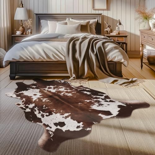 Faux Cowhide Cow Print Rug, Animal Hide Western Decor, 4.6 x 5.2 Feet
