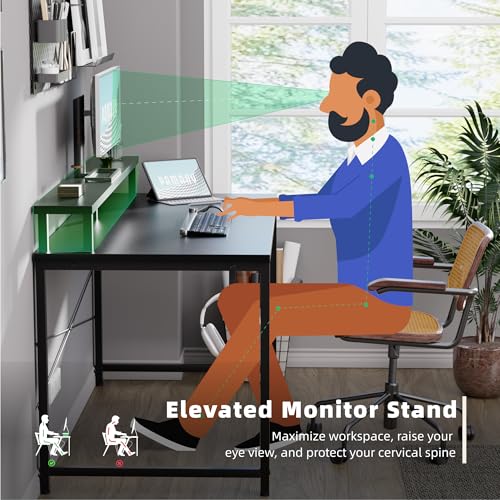 Small Computer Desk with Monitor Stand & Headphone Hook - 47 Inch Black, Space-Saving Office Desk for Kids & Small Rooms