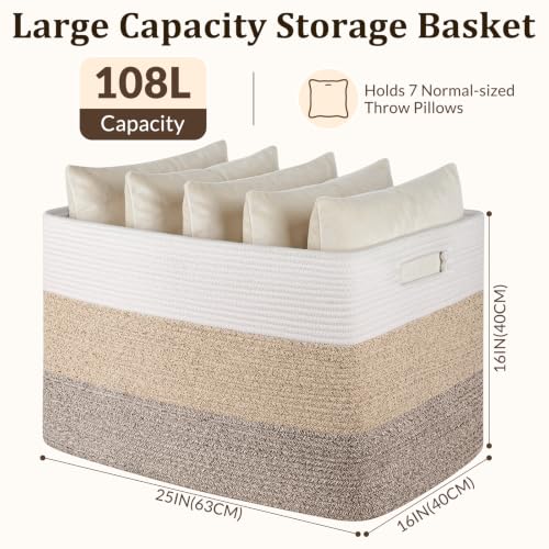 Large Cotton Rope Blanket Basket - Dog Toy Storage with Handles - Gradient Brown