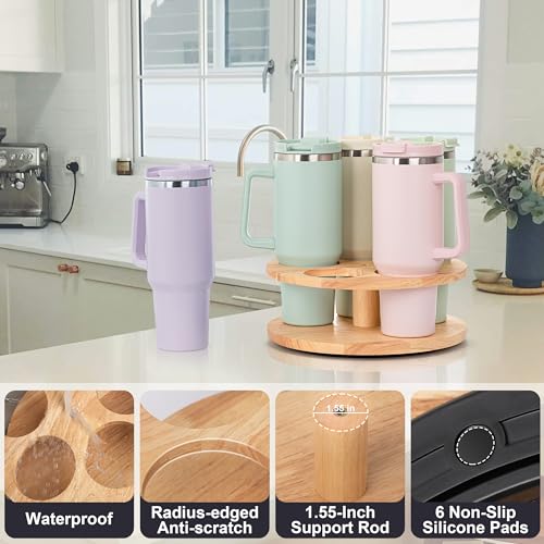 Water Bottle Organizer for Stanley Cups 20oz-40oz - Yellow - 360° Rotating Wooden Tumbler Holder