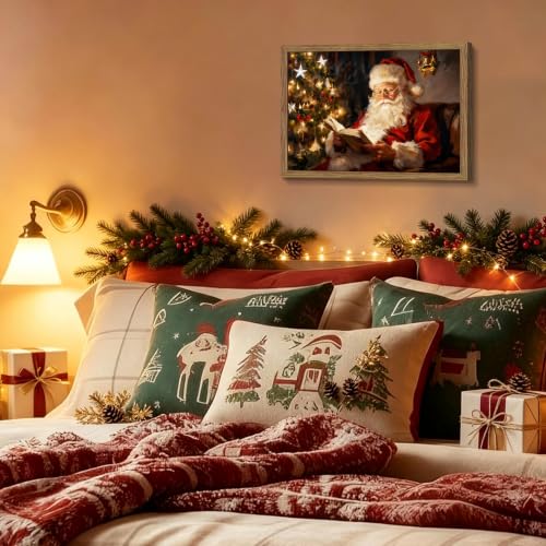 Vintage Santa Reading a Book Canvas Wall Art, Framed 24x16 — Rustic Farmhouse Christmas Print