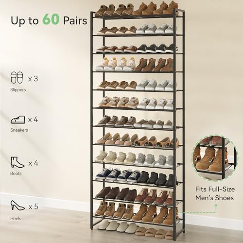 Nunsino 12 Tier Metal Shoe Rack Organizer - Black, Holds 60 Pairs