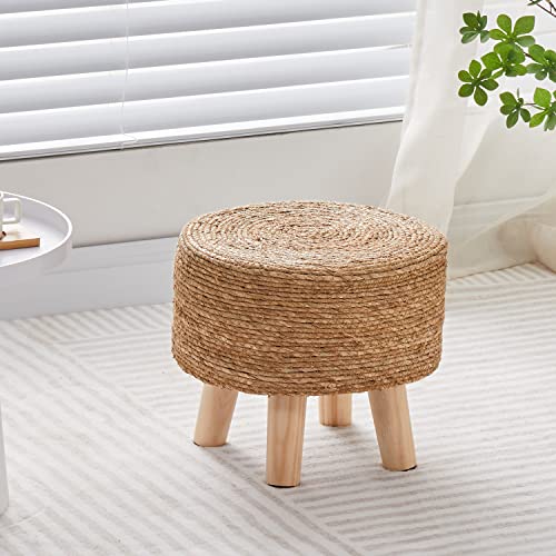 Natural Seagrass Foot Stool Pouf with Pine Legs - Handwoven Round Ottoman, Soft & Durable