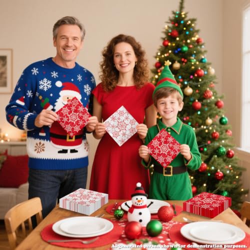 100 Pcs Christmas Snowflake Napkins - Red & White Holiday Paper Napkins for Xmas Party