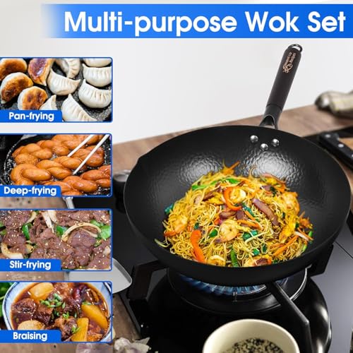 12.5 Inch Carbon Steel Wok with Wooden Lid - Pre-Seasoned for Electric, Induction & Gas Stoves