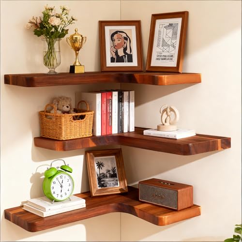 Acacia Floating Corner Shelves Set of 3 Wall Mount Wooden Storage Shelves
