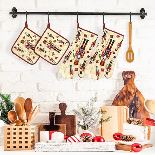 Arquiel Christmas Nutcracker Oven Mitts & Pot Holder Set - 4pcs, Holiday Kitchen Decor