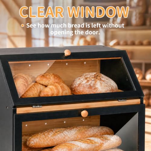 HOMEKOKO Double Layer Wooden Bread Box, Keep Fresh Longer, Black
