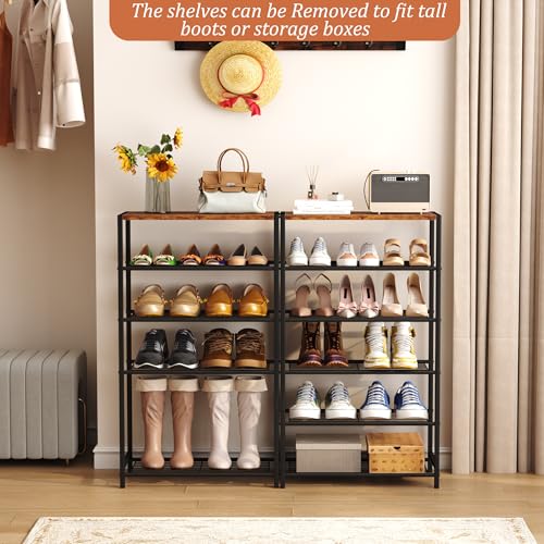 Rustic Brown 6-Tier Shoe Rack - Narrow Industrial Shoe Organizer for Closet Entryway