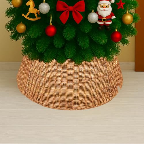 Xavia Handicrafts Woven Rattan Christmas Tree Collar 27 Inch - Rustic Tree Stand Cover