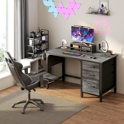 Gray Computer Desk with File Drawers - 46.6-Inch Home Office & Gaming Table