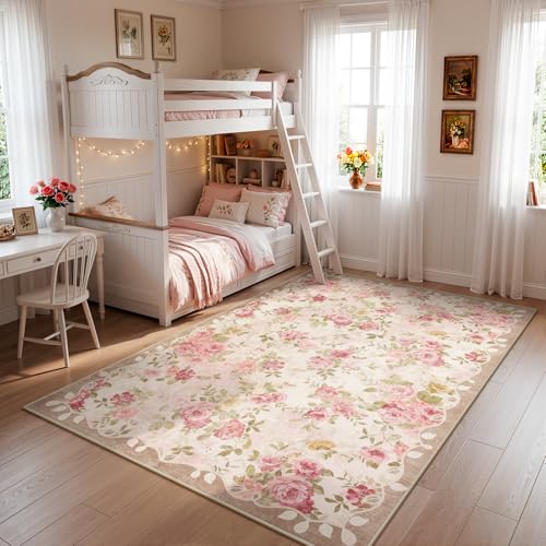 6x9 Feet Washable Nursery Rug - Pink Floral Farmhouse Area Rug with Non-Slip Backing