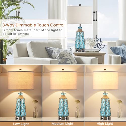 Teal Coastal Glass Table Lamps Set of 2 with USB & AC Outlet - 25.5" Bedside Touch Lamps