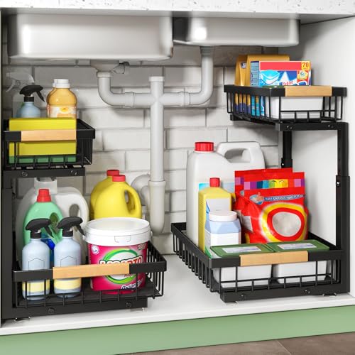 Kitstorack Under Sink Organizer 2-Tier Pull-Out Shelf Black 1 Pack