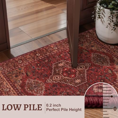 Dark Red 5' x 7' Washable Area Rug for Living Room - Non Slip Vintage Oriental